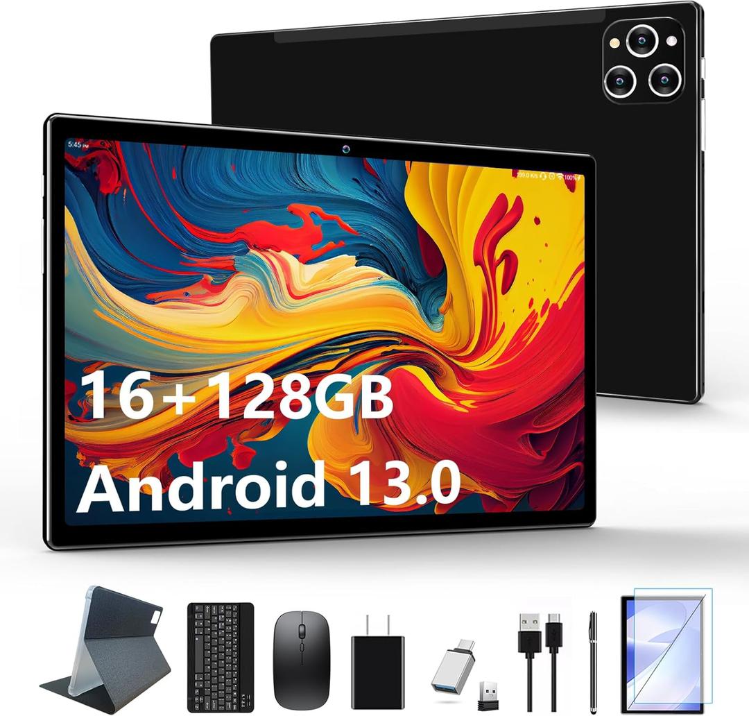 Tablet 10.1 Inch Android 13 Tablets 2025 Latest Android Tablets 128GB ROM+16GB RAM (8+8 Virtual), 2 in 1 Tablet with Keyboard, Powerful Octa-Core+13MP Camera, 1TB TF Expandable, FHD WiFi Tableta PC (Black)