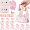 Wesnoy 12 Pack Small Christmas PVC Clear Gift Bags with Handles Christmas Gift Bags 12 Cards 1 Ribbon 1 Bag of Raffia Fill Paper for Xmas Gifts Wrapping Holiday Party Favor, 7 x 6.3 x 3.15''(Pink)