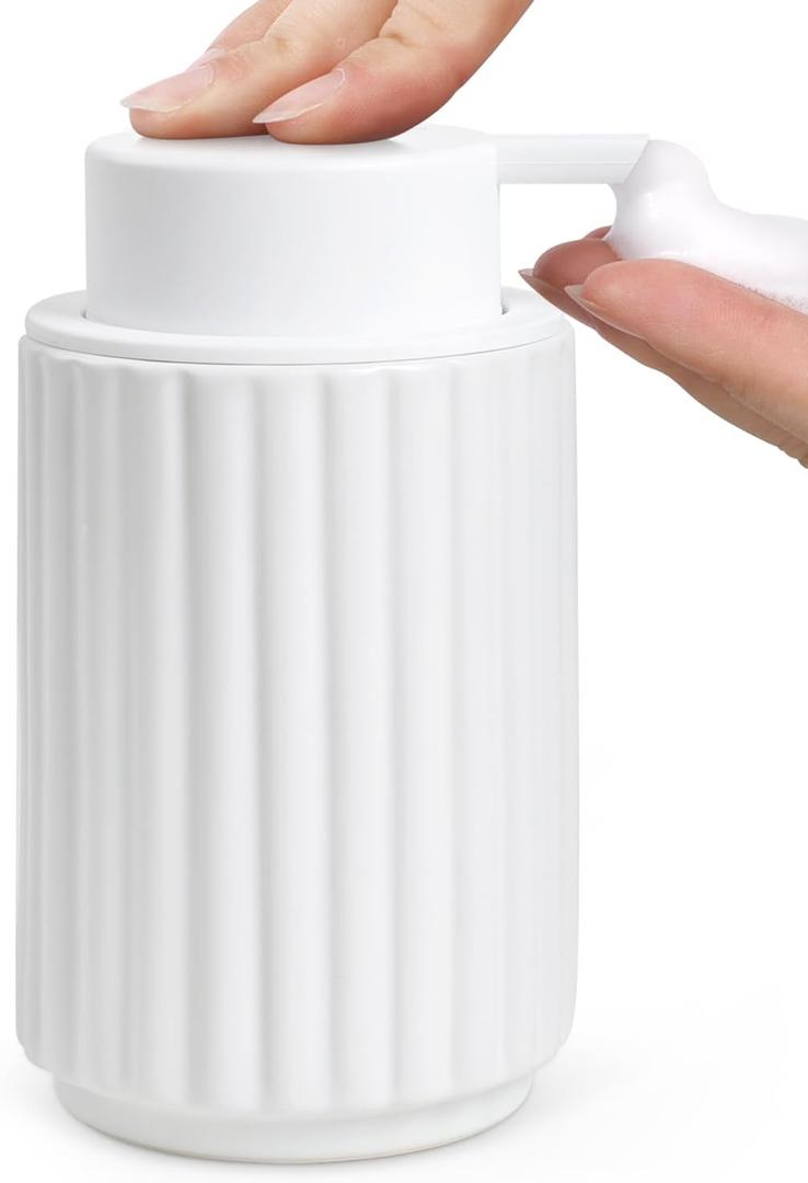Foaming Soap Dispenser, White Ceramic Refillable Foam Hand Soap Pump for Bathroom Kitchen, 10.5OZ Lotion Dispenser, Foaming Dish Soap Dispenser, Modern Stripe Design, ANTIS'S HOME