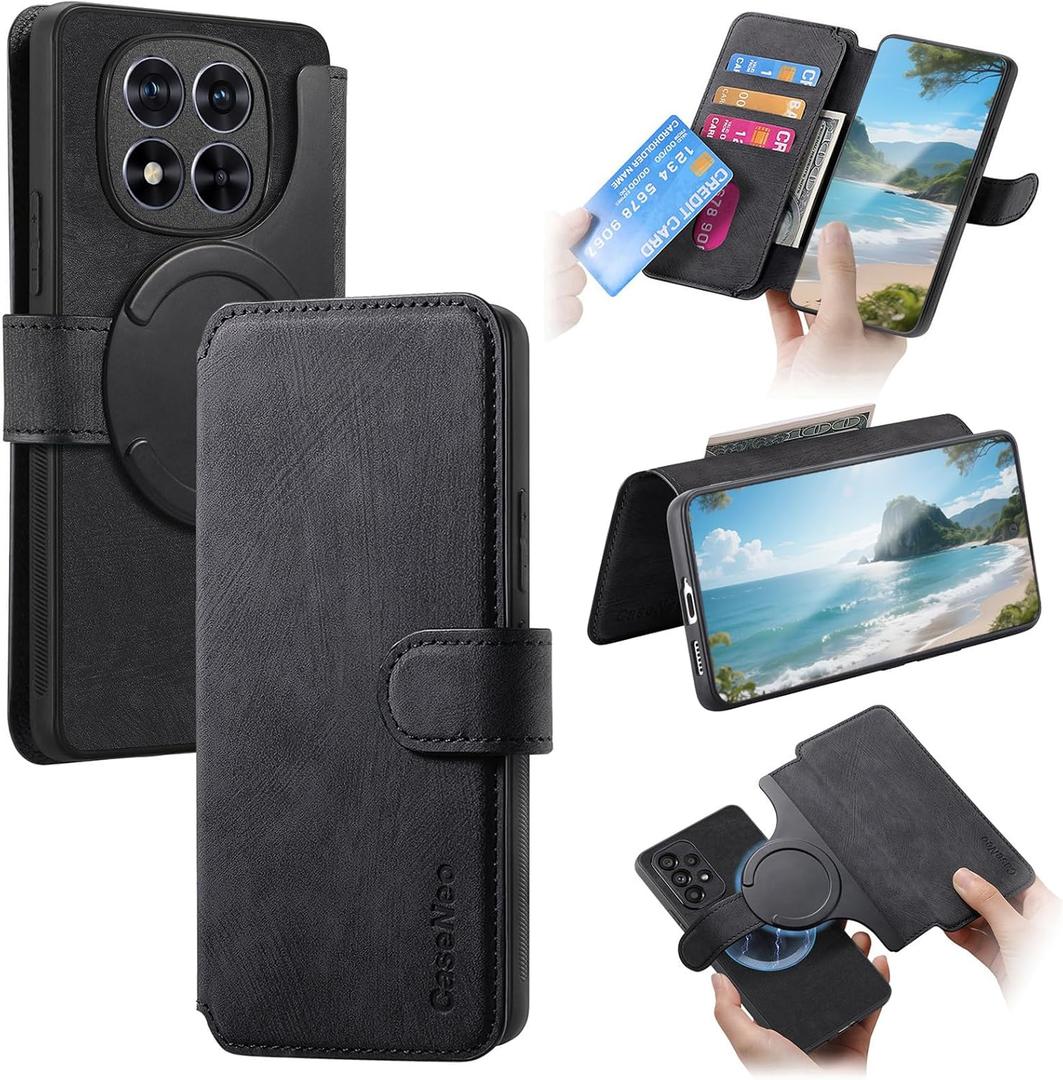 for Xiaomi Redmi Note 15 Pro+ 5G Wallet Case, 2-in-1 Detachable Magnetic Retro Flip PU Leather Cover with Card Slots RFID Blocking Kickstand Case for Redmi Note 15 Pro Plus 5G - CXMG Black