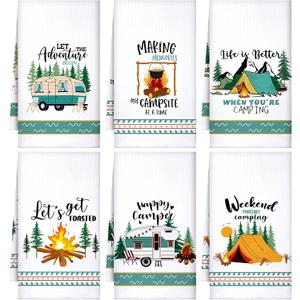 Boyiee Set of 6 Camping Kitchen Towels White Absorbent Dishcloth Bonfire Tent Car Tea Towels 24 x 16 Inches with Funny Sayings Novelty Gifts for Campers Happy Camper Camping Accessories for Rv Campers