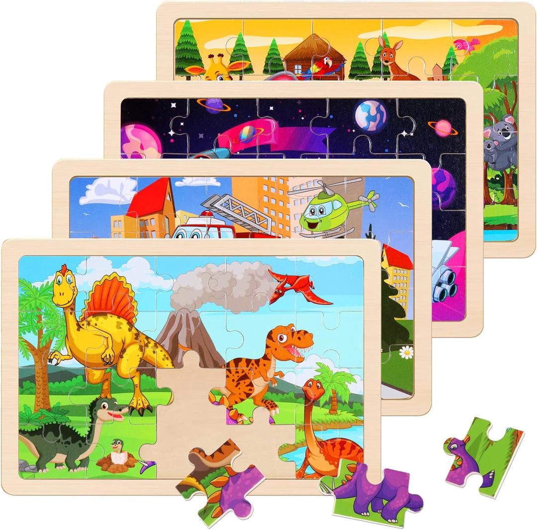 Wooden Puzzles Toys for Kids Ages 3-5, Set of 4 Packs Dinosaur, Space, Transportation Wood Toddler Puzzles, Preschool Brain Teaser Toys for Boys and Girls 2 3 4 5 6 Years Old (Mixed Styles a)