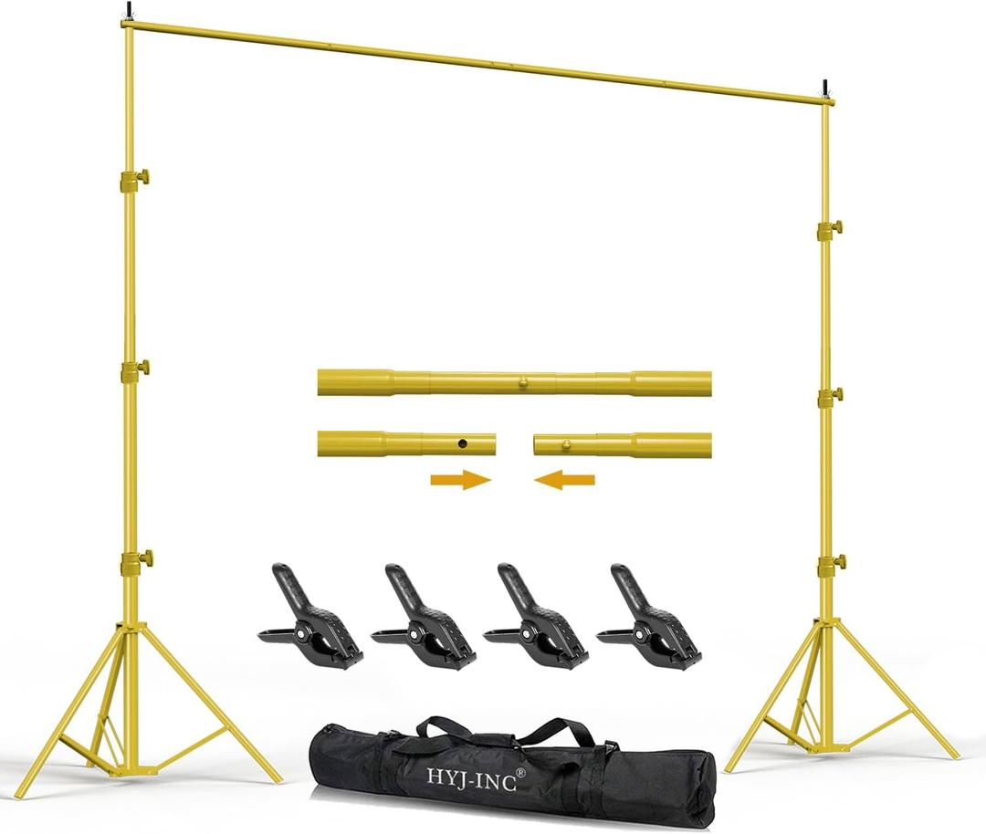 HYJ-INC Backdrop Stand - Titanium Gold 10x8.5ft(WxH) Photo Studio Adjustable Background Stand Support Kit with Clamps, Carrying Bag for Photography Video Parties Wedding Events Decoration.