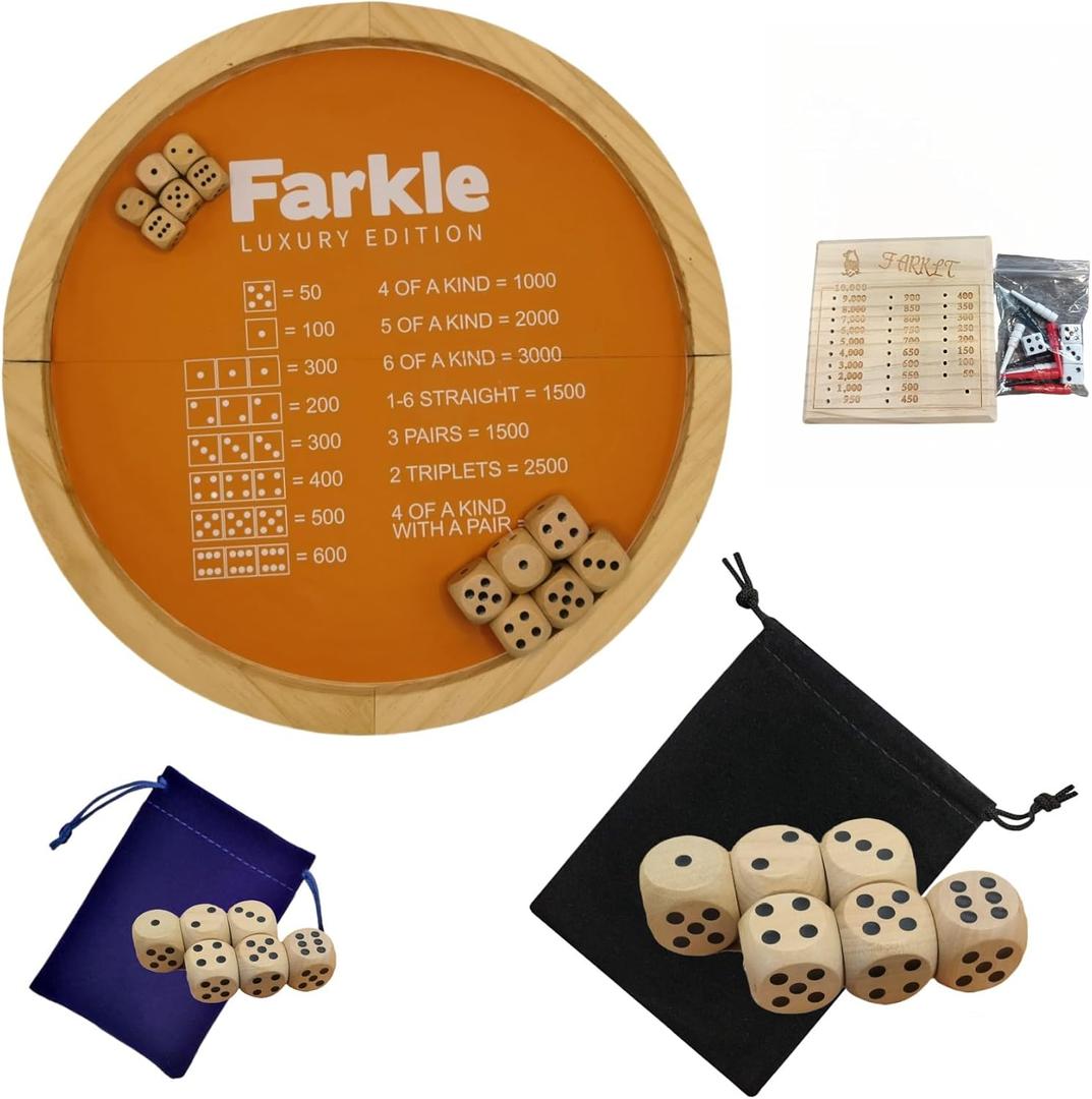Farkle Dice Tray, Farkle Classic Dice Game with 17.7" Collapsible Wooden Tray and 6 Large 6 Small Wooden Pearl Dice and a Scoreboard Set, Classic Home Game Stand (17.7-inch Bundle)