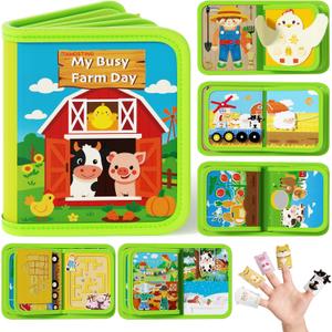 AMOSTING Montessori Busy Book for Toddlers 1-3, Busy Board Activities, Fine Motor Skills & Sensory Play, Farm Quiet Book, Travel Toy for Kids
