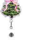 2 x Christmas Tree Badge Reels - Christmas Pink Bow Badge Holder Retractable Clip with Glitter Tree Design, Sparkling Colored Lamp Tree Badge Reels for Nurse Doctor, Holiday Name Tag for Office