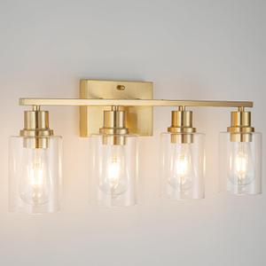 4-Lights Gold Bathroom Light Fixture, Brushed Brass Vanity Light with Clear Glass Shade, Modern Bath Wall Lights for Living Room, Hallway, Bedroom, AM-70050-4-BR