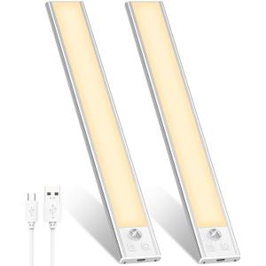 Abovizo 2 Pack Under Cabinet Lights, 32 LED Warm White Rechargeable Under Cabinet Lighting Motion Sensor LED Lights for Kitchen, Counter, Closet, Stairs (Silver - Warm White Light, 8.07 Inch - 2 Pack)
