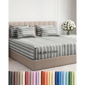 Extra Deep Split King Sheet Set - 7 Piece Breathable and Cooling Sheets - Hotel Luxury Bedding for Women, Men, Kids & Teens - Secure Fit - Soft and Wrinkle Free with Extra Deep Pockets - Grey Stripes