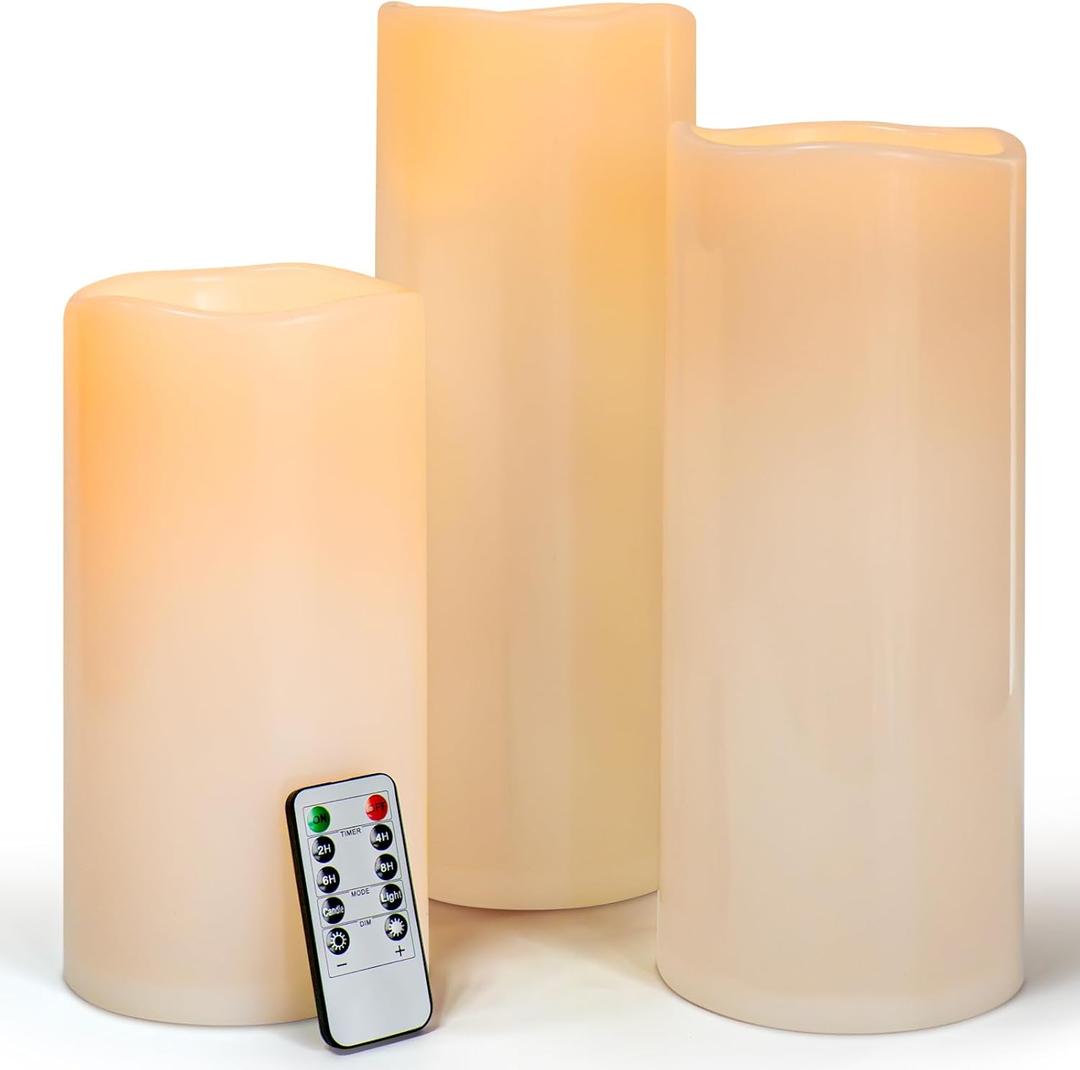 10" 12" 14" x 5" Extra Large Waterproof Outdoor Flameless Candles Battery Operated LED Pillar Candles for Indoor Outdoor Lanterns, Off White, Long Lasting, Set of 3