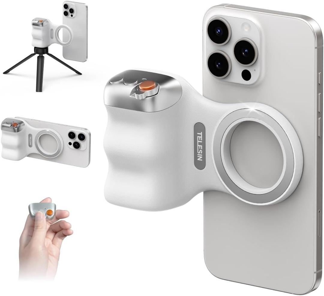 TELESIN Fun Shot Magnetic Phone Camera DSLR Style Shutter Grip for iPhone & Android with Detachable Wireless Shutter Button - 1/4" Screw - Comfort Ergonomic Camera Grip Handle Holder (Premium Silver Grey + White)