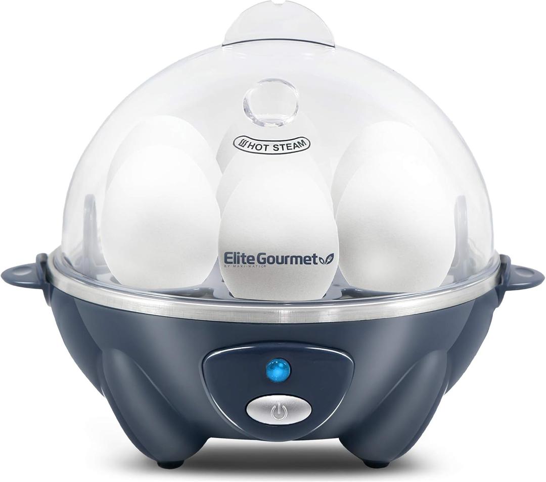 Elite Gourmet EGC710BG Rapid Egg Cooker, 7 Easy-To-Peel, Hard, Medium, Soft Boiled Eggs, Poacher, Omelet Maker, Auto Shut-Off, Alarm, 16-Recipe Booklet, BPA-Free, Slate Blue