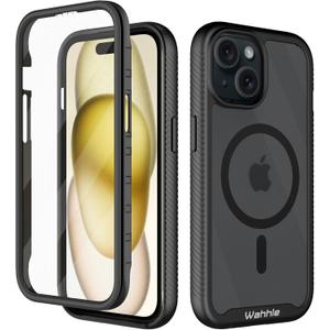 wahhle Compatible with iPhone 15 Plus Case, Magnetic Wireless Charging Built in Screen Protector Full Body Shockproof Slim Fit Bumper Protective Phone Cover 6.7'' Men Women-Black/Clear