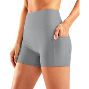 Pudolla Womens Swim Shorts High Waisted Bathing Bottom Shorts Tummy Control Board Swimsuit with Pockets (X-Small, Light Grey)