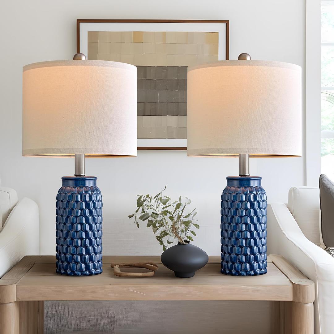 20.5 inches Modern Ceramic Dark Blue Bedside Lamp Set of 2 for Bedroom Decor Farmhouse Table Lamp for Living Room Office Dorm 
