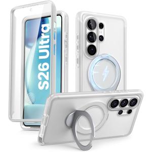 i-Blason for Samsung Galaxy S26 Ultra Case with Magnetic Stand, Built-in Screen Protector [Compatible with MagSafe] Anti-Yellowing Full-Body Slim Ring Holder Shockproof Phone Case, Frost Clear