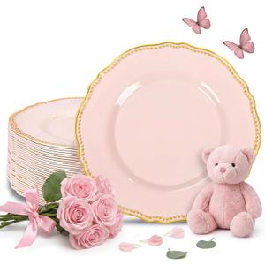Hioasis 60pcs Pink Plastic Plates - Pink and Gold Disposable Dinnerware with Gold Rim, Heavy-duty, 10 inch, Dinner Plates for Party & Mothers Day