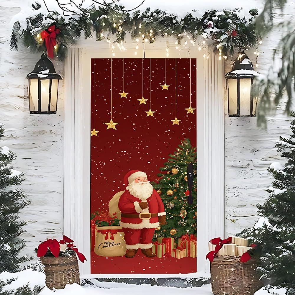 Winter Christmas Door Sticker 30.3x78.7 Inch PVC Peel and Stick Festive Tree and Santa Illustration Decorative Door Cover for Home Entryway Hallway Seasonal Holiday Decor (Colorful Sticker#01)