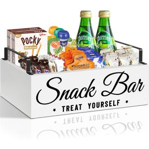 Snack Organizer for Countertop, Wood Pantry Storage Bins with Handles, Snack Bar Organizer for Pantry Shelf, Kitchen, 4 Compartment Food Container Snack Box, Pantry Organizer for Snacks, Chips (White)