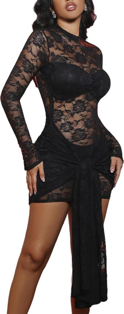 acelyn Womens Sexy Floral Lace Bodycon Mini Dress Long Sleeve Mock Neck Cocktail Party Birthday Club Dress (Black, S)
