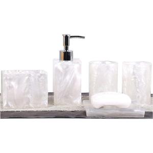 Resin Soap Dish, Soap Dispenser, Toothbrush Holder & Tumbler Bathroom Accessory 5 Piece Set (White)