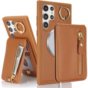 for Samsung Galaxy S22 Ultra Phone case with Card Holder with Compatible magsafe Magnetic, Key Chain PU Leather Flip Kickstand Detachable 2-in-1 Wallet case Women Men-Brown