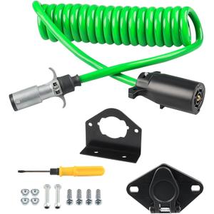 WATERWICH 7 Wire to 6 Wire Trailer Plug Adapter with Female Receptor & RV 7 to 6 Trailer Wire & Mounting Bracket, 8FT Waterproof Flexible Coiled Cable (Green)