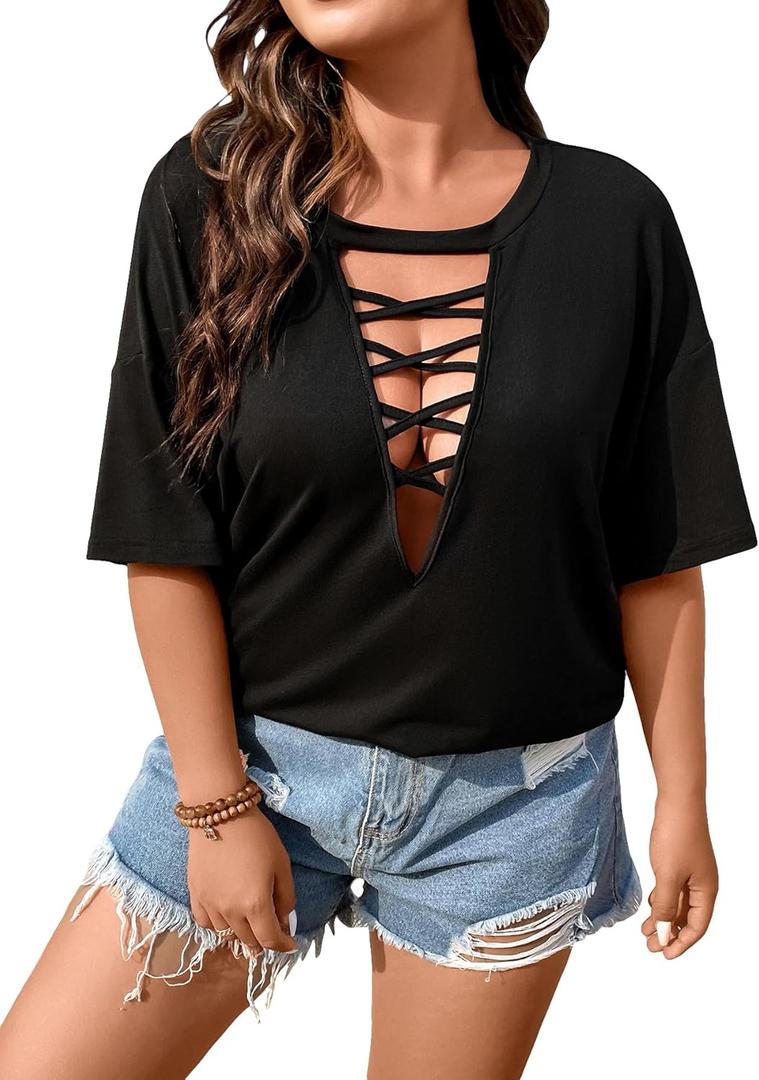 WDIRARA Women's Plus Size Cut Out Criss Cross Tee Butterfly Patched Back Drop Shoulder Half Sleeve Sexy Tops, Size: X-Large Plus (Black)