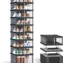 SONGMICS Foldable Shoe Storage Organizer for Closet, Stackable Sneaker Cabinet with Magnetic Door, Large Plastic Container Bins for Entryway, 9-Tier for 18 Pairs, Transparent and Ink Black ULSP918BH01