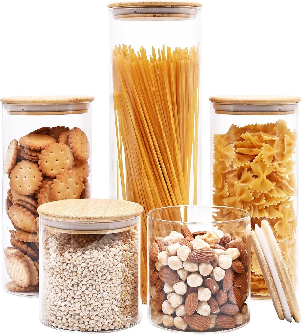 SHOWIN Glass Food Storage Jars, Glass Jars with Bamboo Lids, Kitchen Storage Jars, Canisters with Airtight Lids for Spice, Coffee, Cookie, Set of 5, Pantry Organizers