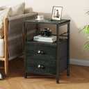 Furologee Nightstands Set 2, Night Stand with 2 Fabric Drawers, Bedside Tables with Open Shelf, Wooden Top, Hooks, Backboard Design, Metal Frame, End Tables for Bedroom/Living Room/Study/Black Oak