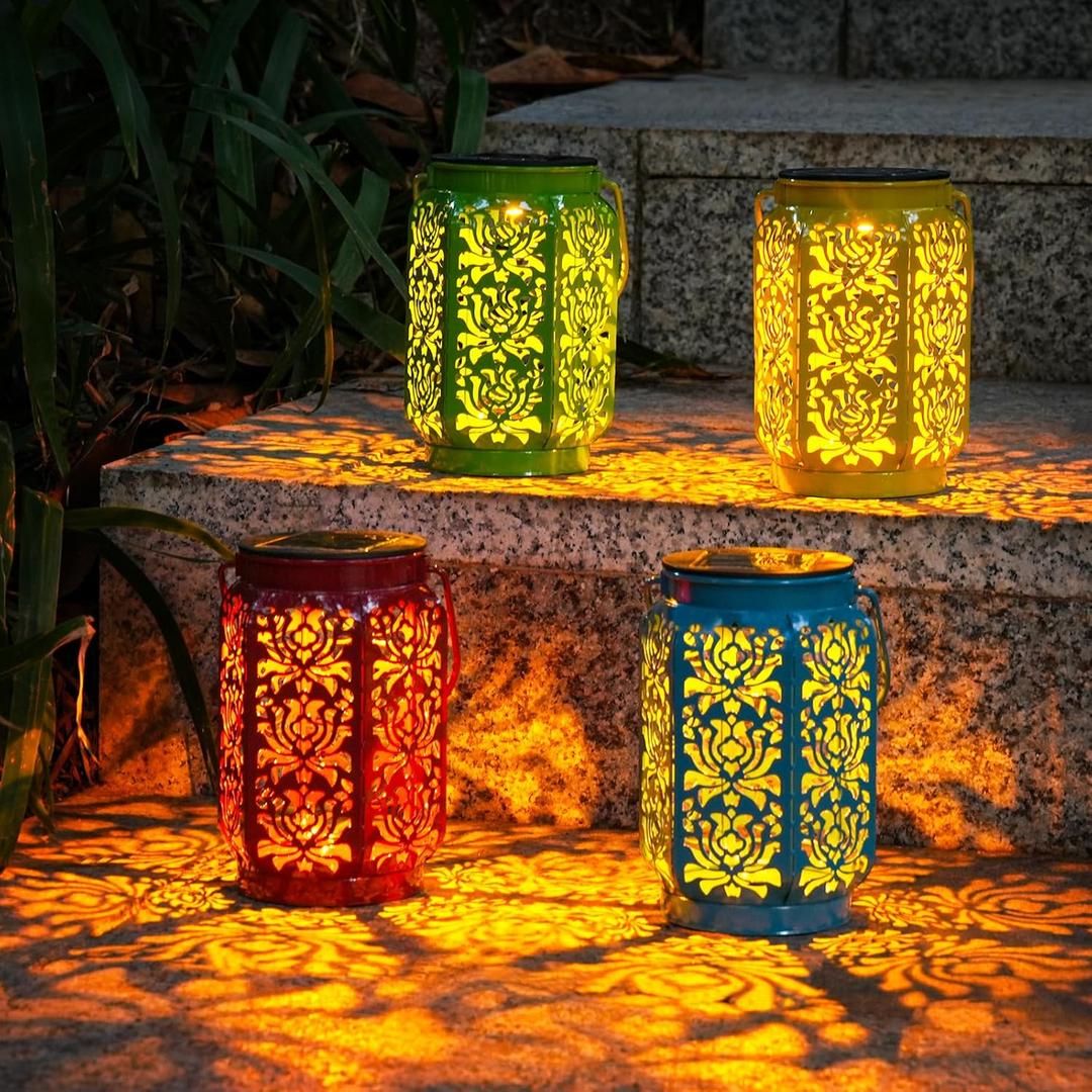 4 Pack Solar Lanterns Outdoor OxyLED IP44 Waterproof Rose Solar Lanterns Lights Outdoor Garden Decor, 4 Colors LED Hanging Lantern with Handle for Outside Patio Yard Table Fence