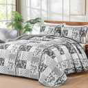 WONGS BEDDING Quilt Set Queen Size Grey, 3 Pieces Patchwork Plaid Bedspread Coverlet Set, Floral Soft Microfiber Bedding Set for All Season(96"90")