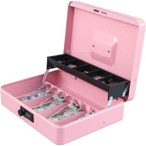 xydled Cash Box with Money Tray and Combination Lock,Tiered, Cantilever Design,4 Bill / 5 Coin Slots,11.8" x 9.5" x 3.5",Pink