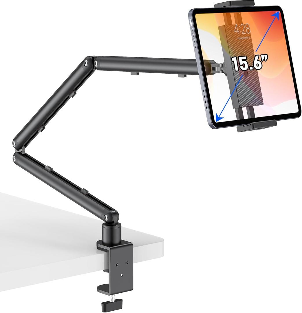 iPad Holder for Desk, Adjustable Tablet Arm iPad Desk Mount with C-Clamp, 30" Foldable Long Arm & 360 Rotation, Fits 4.7"15.6" i Pad Pro/Air/Mini, Phones & 15.6" Portable Monitors for Desk/Bed Use