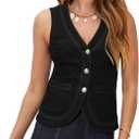 PRETTODAY Women's V Neck Denim Vest Button Down Sleeveless Casual Jean Waistcoast Top (Large, Black)