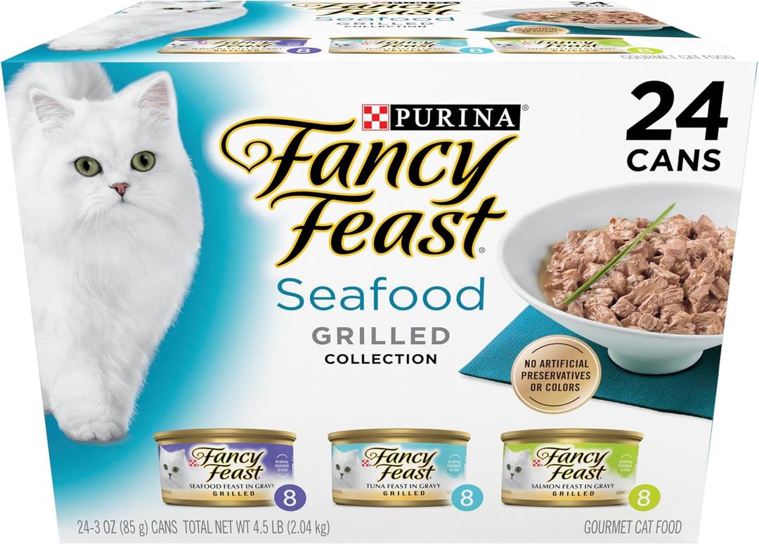 Purina Fancy Feast Grilled Wet Cat Food Seafood Collection in Wet Cat Food Variety Pack - (Pack of 24) 3 oz. Cans (EXP 05/01/26)