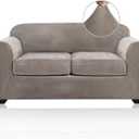 PrinceDeco Velvet Couch Cover Loveseat Covers for 2 Cushion Couch 3 Piece Sofa Covers for Dogs Washable Loveseat Covers Width Up to 72 Inch No Slip Stretch Sofa Slipcover(Medium, Taupe)