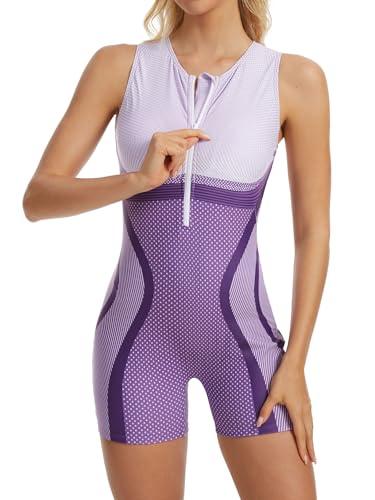 ATTRACO One Piece Bathing Suit for Women with Built in Bra Zipper Swimsuit for Competition Purple XL