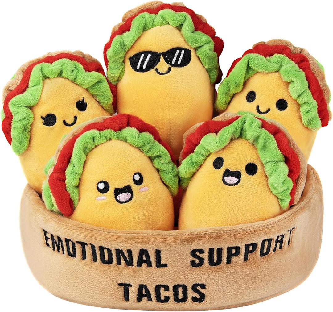 Emotional Support Taco Plush, Funny Cute Cuddly Plushies and Toys, Inspirational Motivational Encouragement Gift for Women Men, Includes 5 Soft Emotional Support Plushies Food with Carry Basket