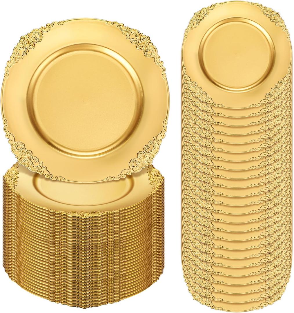 Dandat 50 Pack Gold Charger Plates Plastic 13 inch Round Dinner Plate with Beaded Rim Reusable Charger Service Plates Reliable Chargers for Wedding Party Dinner Table Decoration