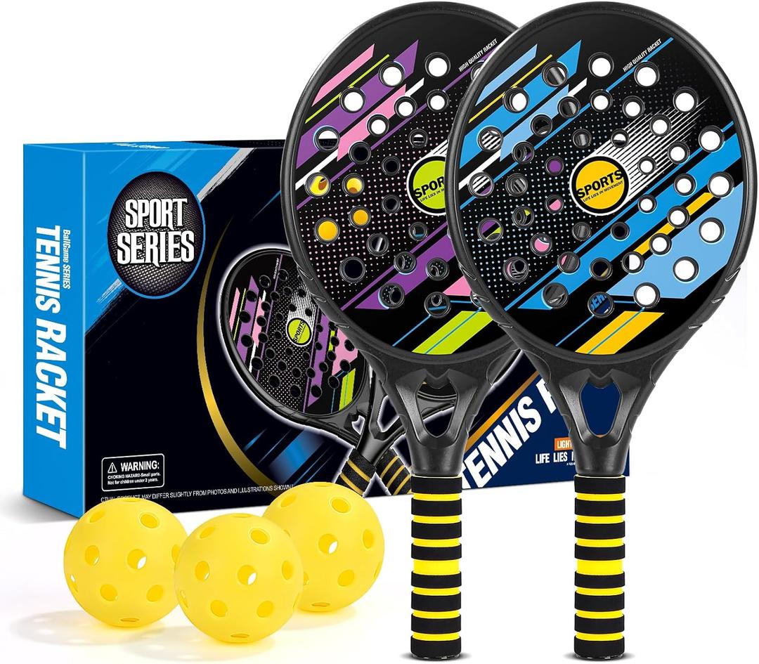 Kids Beach Pickle Ball Set - Beach Outdoor Game Toys for Kids and Adults Family, 2 Set of Beach Tennis Paddle with 3 Pack Premium Pickleball Balls Lawn Outside Backyard Games