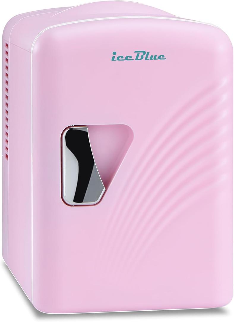 Iceblue Mini Fridge, Retro 4 Liter /6 Cans Mini Skincare Fridge, AC Plug & 12V Car Charger Mini Makeup Fridge, Compact & Portable 4A Cooling Tiny Fridge for Bedroom, Car, Office, Dorm, Gift - Pink