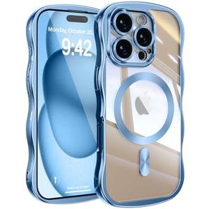 UEEBAI for iPhone 16 Pro Case, Cute Wave Frame Magnetic Phone Case Compatible with Magsafe Full Camera Protection Cover Soft Electroplated Phone Cover for Women Girls - Blue