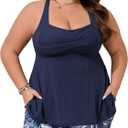 Summer Mae Plus Size Tankini Swimsuits for Women Two Piece Bathing Suit with Pockets Shorts Tummy Control Swimwear (Ribbed Blue Leaves) 18Plus