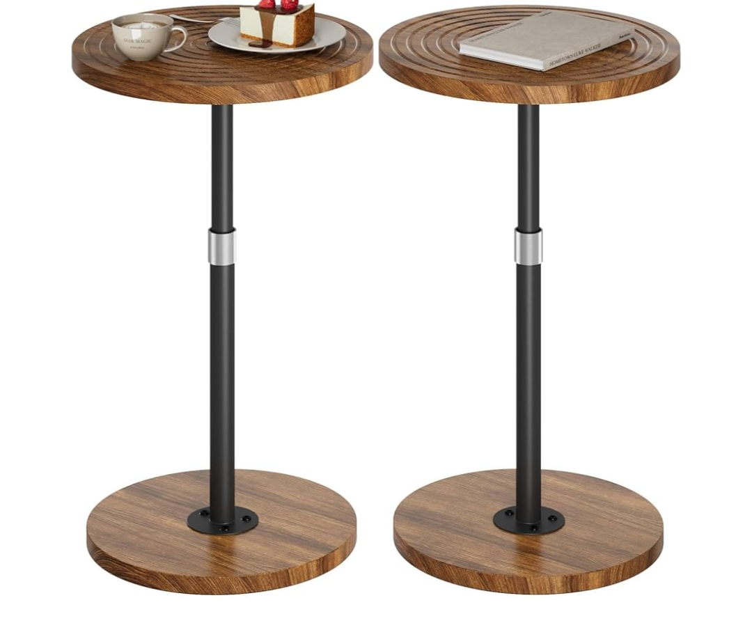 Round Side Table Set of 2, Adjustable-Height Small Drink Table, Pedestal Martini Stand, Weighted Base Cocktail Table Accent Nightstand for Living Room, Bedroom, Bathroom, Office, Walnut