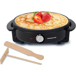 OVENTE 12-Inch Electric Crepe Maker & Griddle  Nonstick Hot Plate with Adjustable Temperature, LED Indicator, Batter Spreader & Spatula, Black CRM1122B