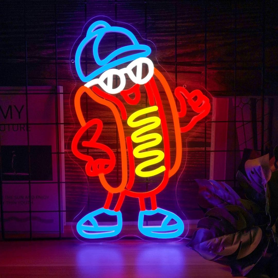 Hot Dog Neon Sign Dimable Cool Hot Dogs Neon Signs Funny Hot Dog Party Themed Light Decor for Restaurants Bars Game Rooms Vibrant LED Lighting Gifts for Fast Food Enthusiasts (159.8inch)