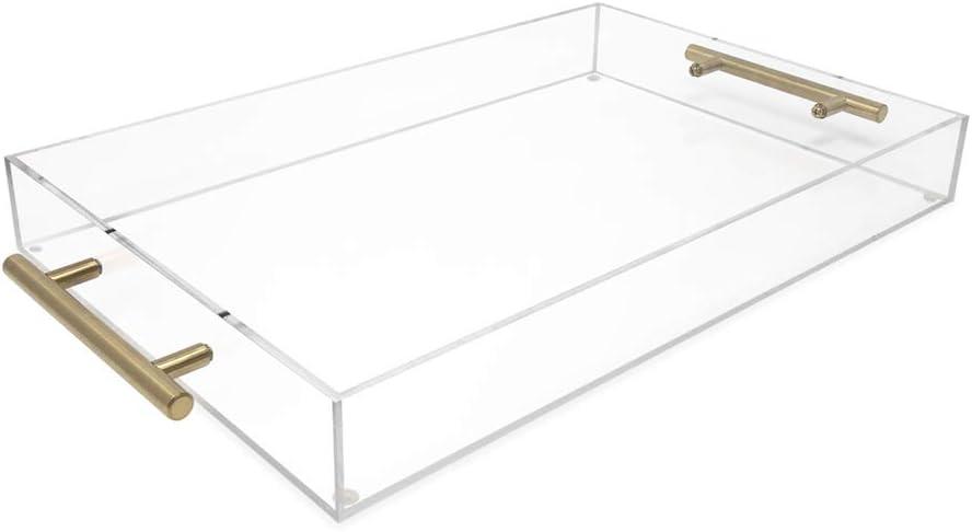 Isaac Jacobs Clear Acrylic Serving Tray (11x17) with Gold Metal Handles, Spill-Proof, Stackable Organizer, Food & Drinks Server, Indoors/Outdoors, Lucite Storage Dcor (11x17, Clear with Gold Handle)