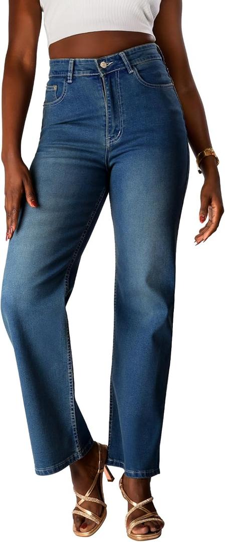 Flattering High-Waist Jeans for Women Stretchy Premium Denim, Slimming Straight & Wide-Leg Fit, Petite to Plus Sizes (Blue, L)